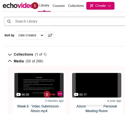 Screenshot highlighting the location of the three dots button in the bottom right hand corner of an uploaded video in the Media section of echovideo.