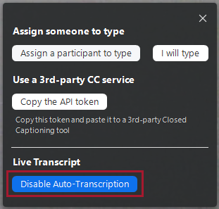 Screenshot highlighting the disable auto-transcription button in Zoom