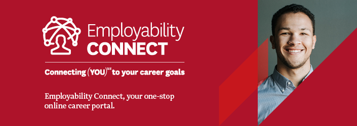 Employability connect banner with motto and close up shot of man smiling