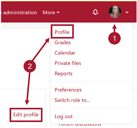 Screenshot of the profile context menu on iLearn