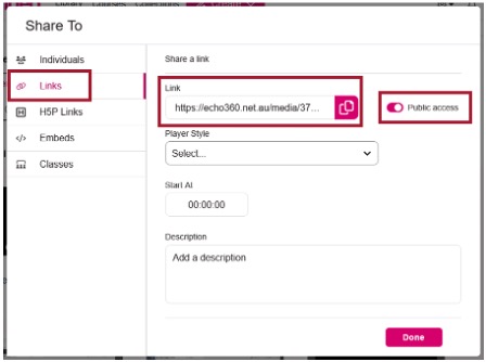 Screenshot of the Share settings where you can find and copy video links in echovideo.