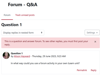 Screenshot of a discussion forum item expanded on iLearn