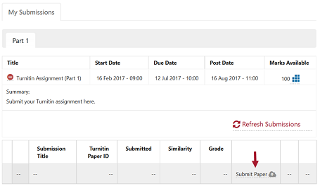 Screenshot of the submit paper button in iLearn