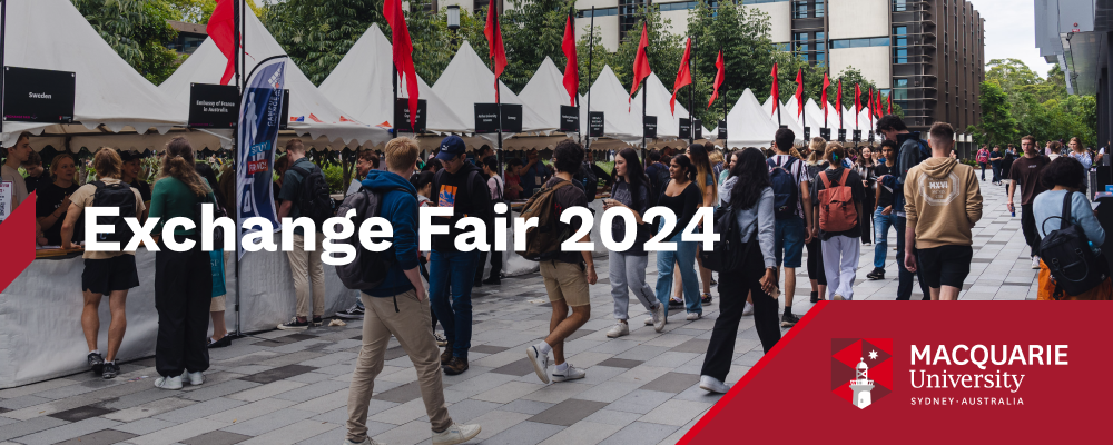 Stalls at the 2023 Exchange Fair at Macquarie University. Several students are walking to the stalls to ask for information.