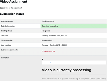 Screenshot of the video assignment submission status on iLearn