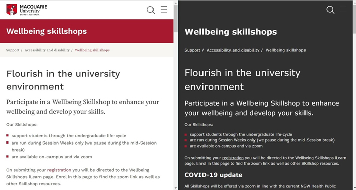 Image of a split screen with a webpage on the left, and the same page repeated on the right with a different font, line spacing and background colour.