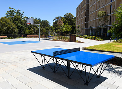 A basketball court and a table tennis table beside the Central Courtyard accommodation, with seats and trees in the background.