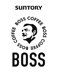Suntory Boss Logo consisting of a mustached mans face circled by text.
