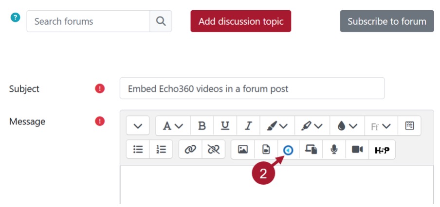 Screenshot of the forum message editor toolbar, with an arrow pointing to the Echo360 icon, which is the fifth last icon.
