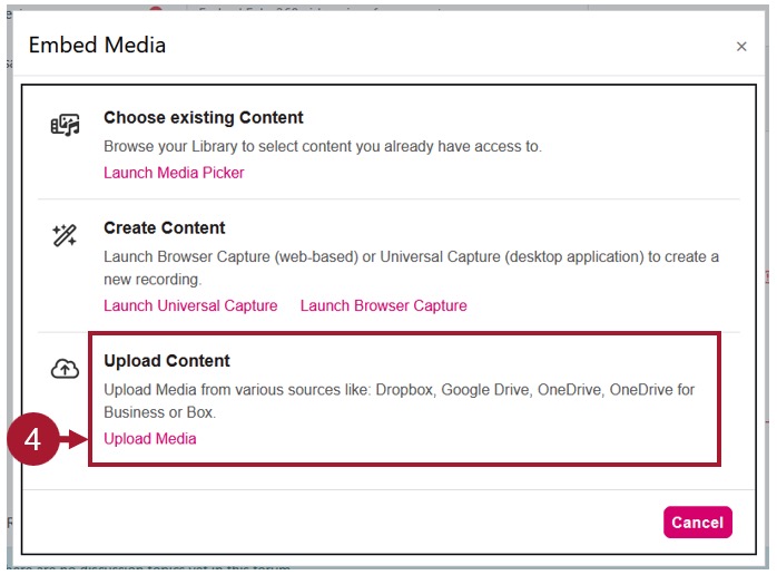 Screenshot of the Embed media menu, with a red box around the Upload content option, which is third in the list.