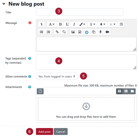 Screenshot of the iLearn new blog post input fields
