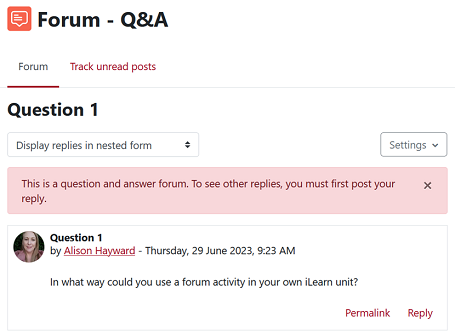 Screenshot of a discussion forum item expanded on iLearn