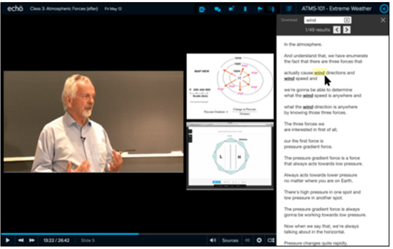 Image of an Echo360 lecture with transcript running in the right hand panel.