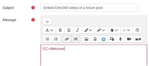 Screenshot of forum message editor with the name of the video file in red.