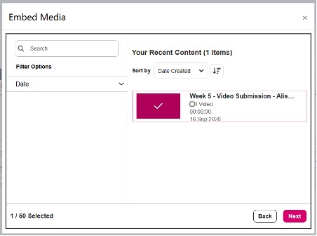 Screenshot of media picker, list sorted by date, with one video selected and the pink Next button highlighted.