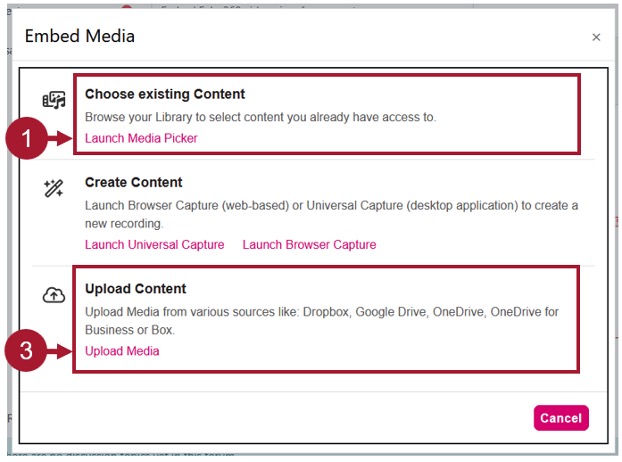 Screenshot of the Embed media menu, with a red box around the Choose existing content and Upload content options, which are first and third in the list.