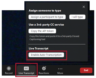 Screenshot showing how to enable auto-transcription in Zoom