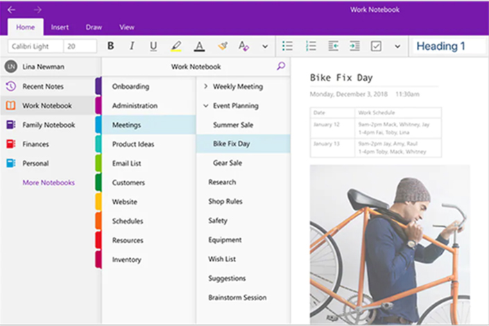Image of a computer screen with OneNote open. The three left-hand columns show the Notebook categories, Notebooks within each category, and the pages within the selected Notebook. The right-hand side of the page shows the selected Notebook open with a title, date, a table with text and an image.