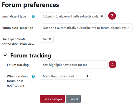 Screenshot of the user forum preferences on iLearn