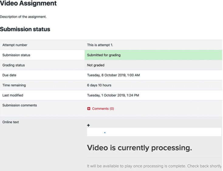 Screenshot of video assignment submission status page. Text reads: Submitted for grading. Video is currently processing.