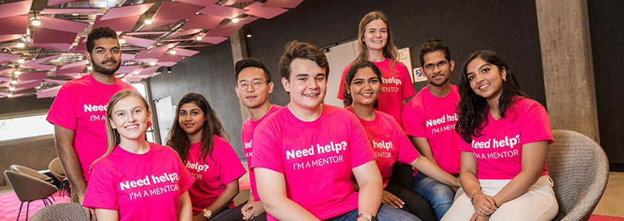 Peer mentor group posing for camera