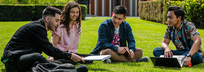 students sitting on grass and studying