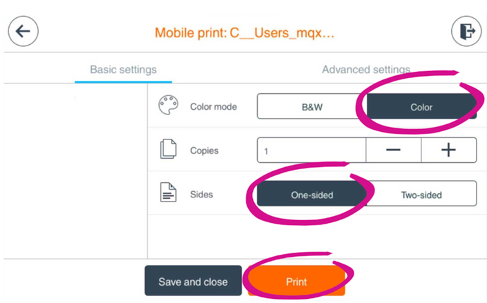 Screenshot highlighting buttons on the basic settings interface of the printer