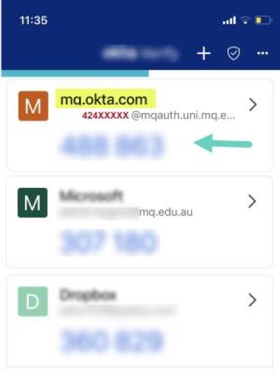 Enter the 6 digit code from the mq.okta.com account