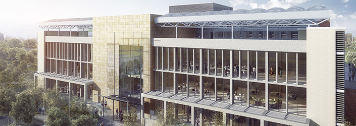 A software render of the Arts precinct building facade.