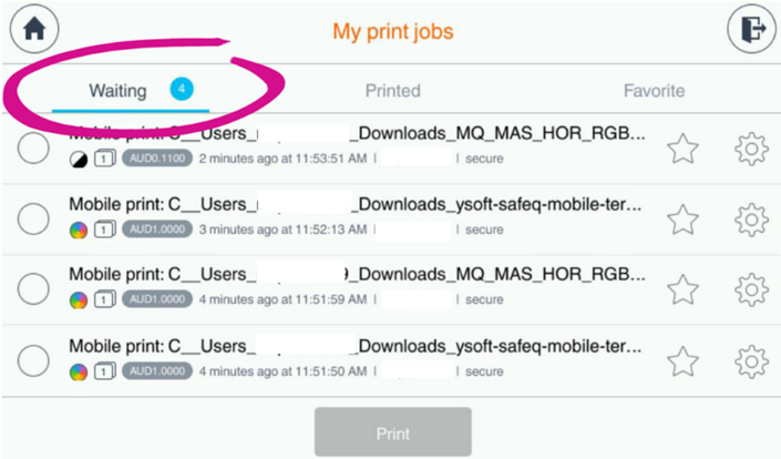 Screenshot of the printing queue on the printer interface