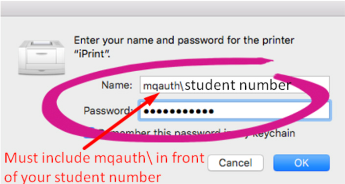 Screenshot of the Mac authentication window for iPrint