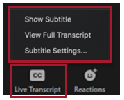 Screenshot highlighting live transcript options in Zoom