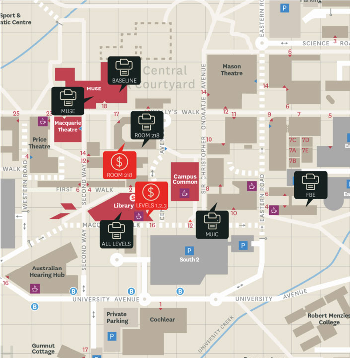 Map with pins of the printer locations on campus