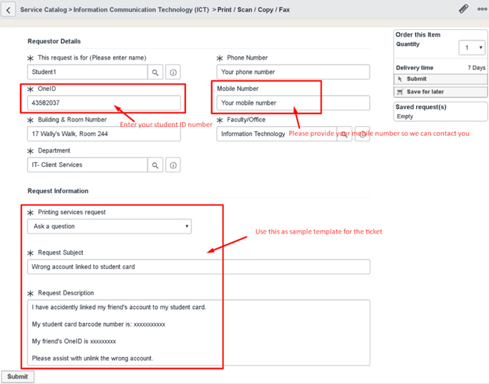 Screenshot of IT Service Desk request form