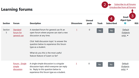 Screenshot of the subscribe option buttons on iLearn